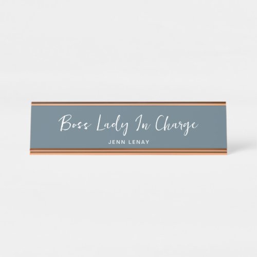 Boss Lady Dusty Blue Gold Office Personalized Desk Name Plate