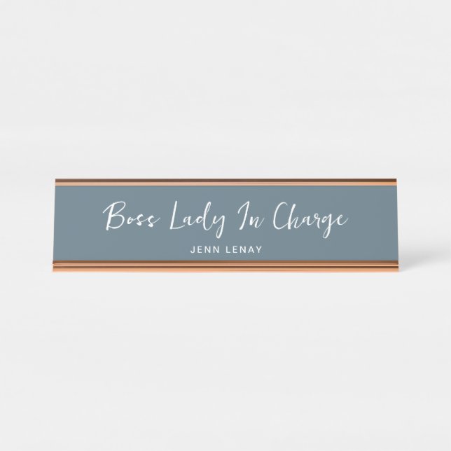 Boss Lady Dusty Blue Gold Office Personalized Desk Name Plate (Front)