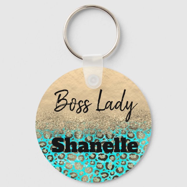 Boss Lady Glittery Turquoise Leopard Custom       Keychain (Front)