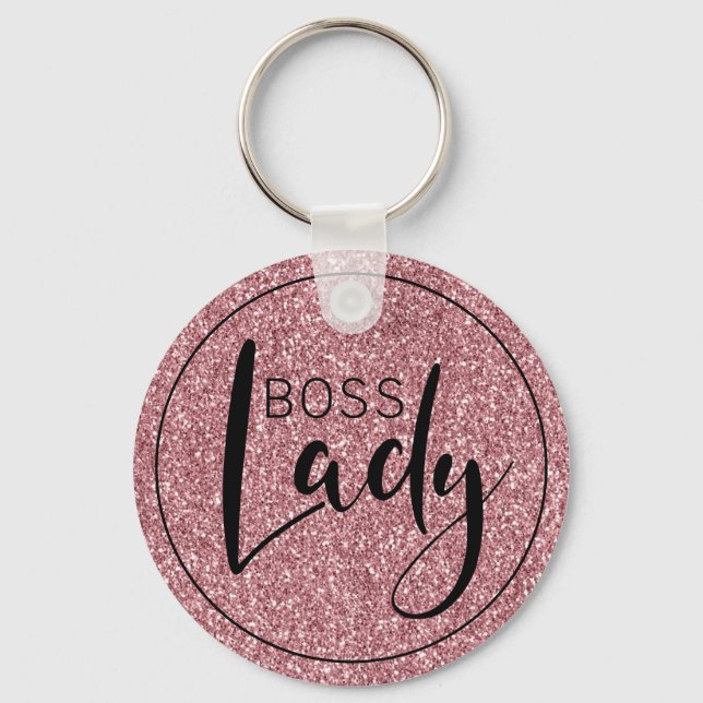 Boss Lady Logo Trendy Girly Pink Glitter Keychain (Front)