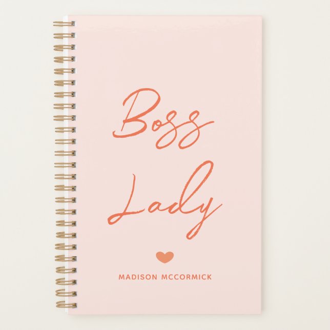 Boss Lady Modern Pastel Orange Script Personalized Planner (Front)