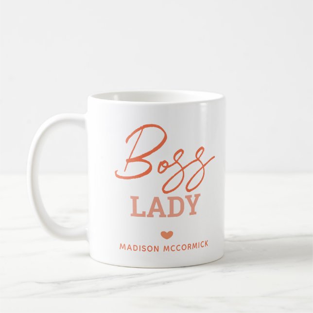 Boss Lady Modern Pink Orange Script Personalized Coffee Mug (Left)