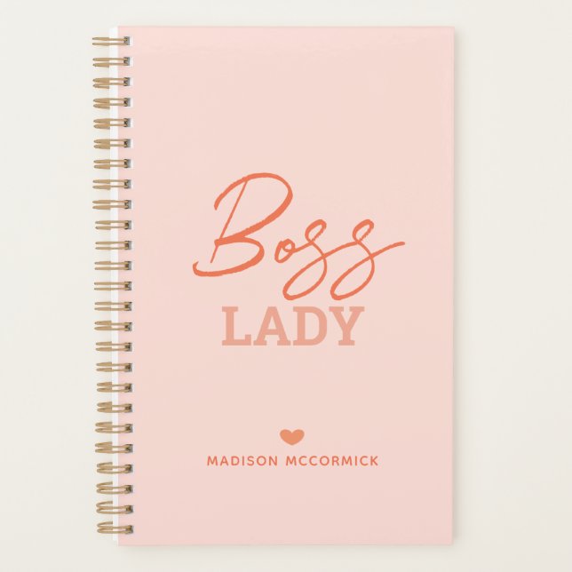 Boss Lady Modern Pink Orange Script Personalized Planner (Front)