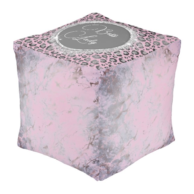 Boss Lady Pink Marble Glittery Leopard  Pouf (Angled Front)