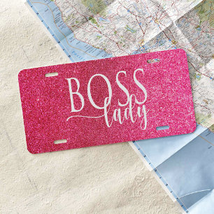 Boss Lady Pink Sparkle and White Script License Plate