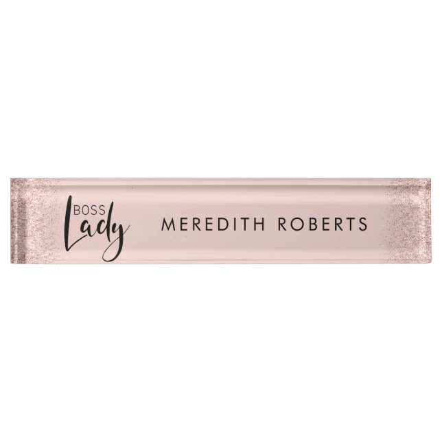 Boss Lady Rose Gold Blush Glitter Personalized Desk Name Plate (Front)