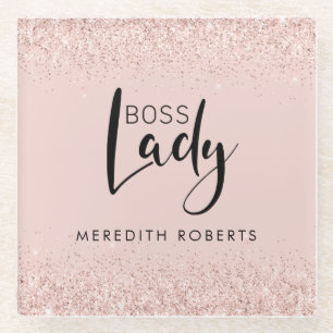 Boss Lady Rose Gold Blush Glitter Personalized Glass Coaster