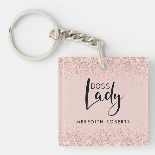 Boss Lady Rose Gold Blush Glitter Personalized Keychain (Front)