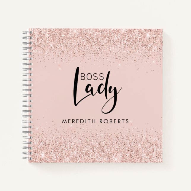 Boss Lady Rose Gold Blush Glitter Personalized Notebook (Front)