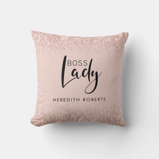 Boss Lady Rose Gold Blush Glitter Personalized Throw Pillow (Front)