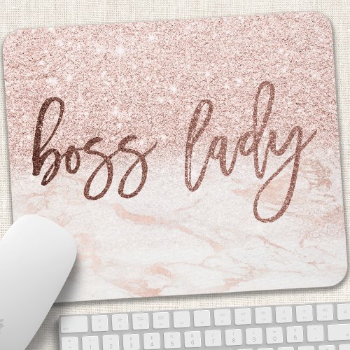 Boss Lady Rose Gold Marble Blush Pink Faux Glitter Mouse Pad