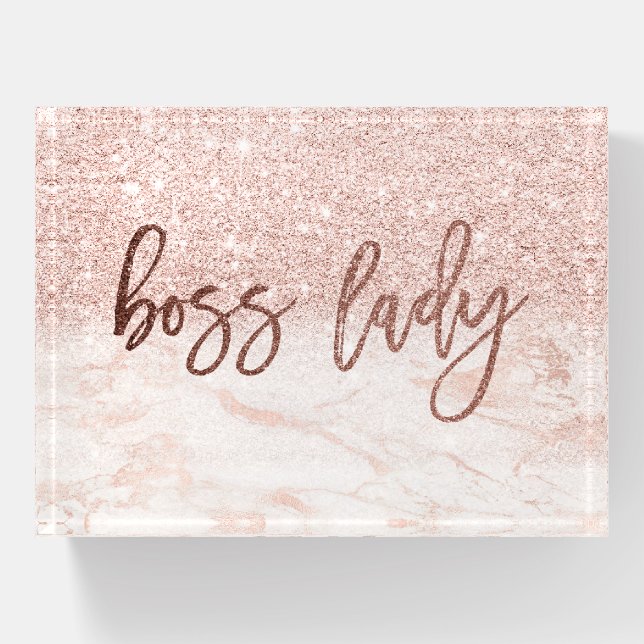 Boss Lady Rose Gold Marble Blush Pink Glitter Paperweight (Front)
