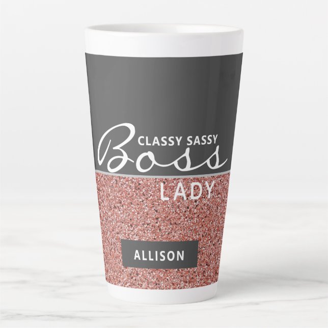 Boss Lady Rose Gold Pink Glitter Personalized Latte Mug (Front)