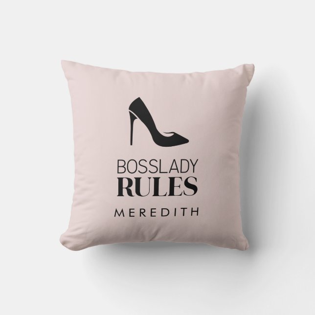 Boss Lady Rules Stiletto Logo Blush Throw Pillow (Front)