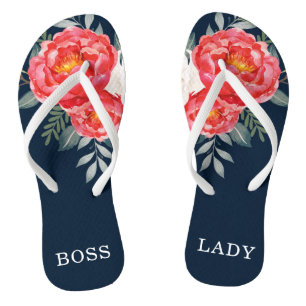 BOSS LADY / Vintage Botanical Red Floral Peonies Flip Flops