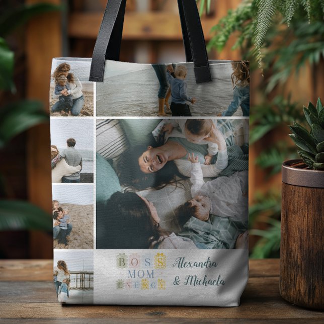 Boss Mom Energy Plaid Photo Collage Tote Bag (Creator Uploaded)