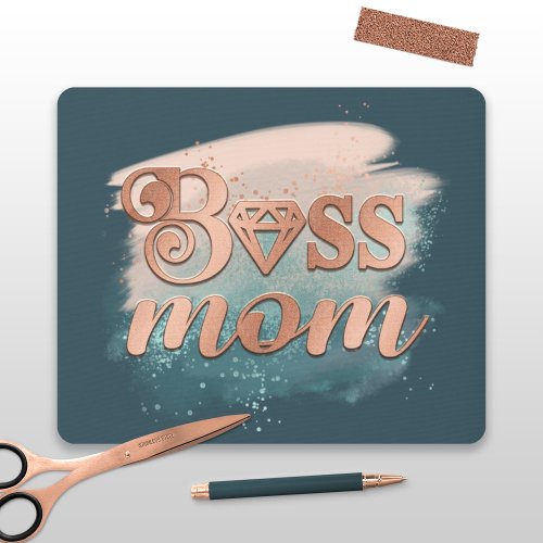 Boss Mom Trendy Copper Teal Watercolor Typography Mouse Pad