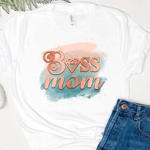 Boss Mom Trendy Copper Teal Watercolor Typography  T_Shirt