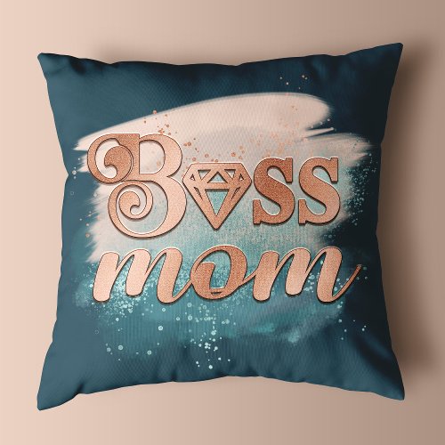 Boss Mom Trendy Copper Teal Watercolor Typography  Throw Pillow