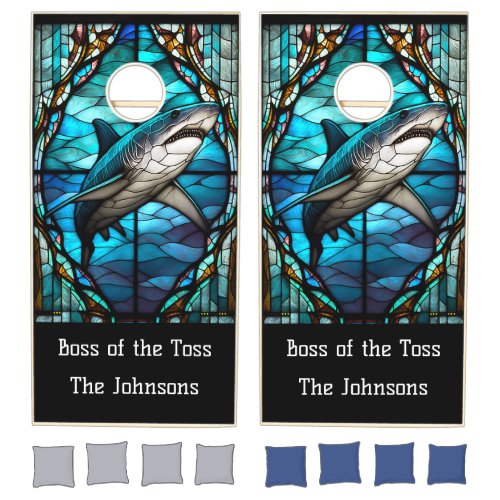 Boss of the Toss Stained Glass Great White Shark Cornhole Set