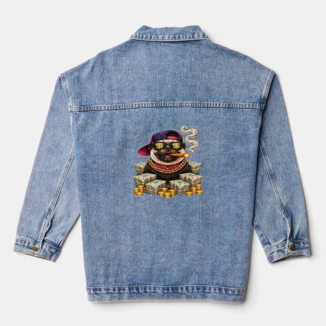 Boss Pug — Bling Pug with Cash & Cigar" Denim Jacket (Back)