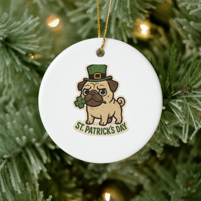 Boss Pug Leprechaun Hat St.Patrick's Day Ceramic Ornament (Tree)