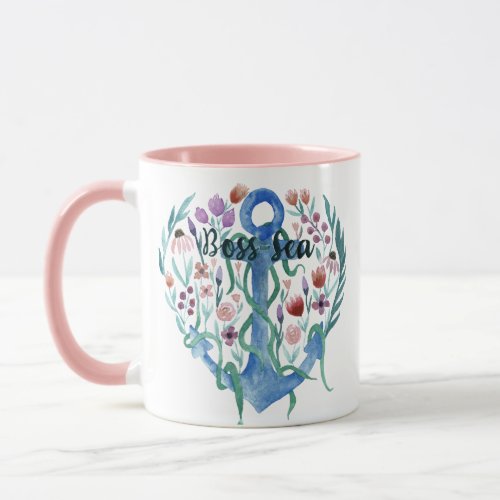 Boss Sea Quote Anchor Flowers Leaves Watercolor Mug