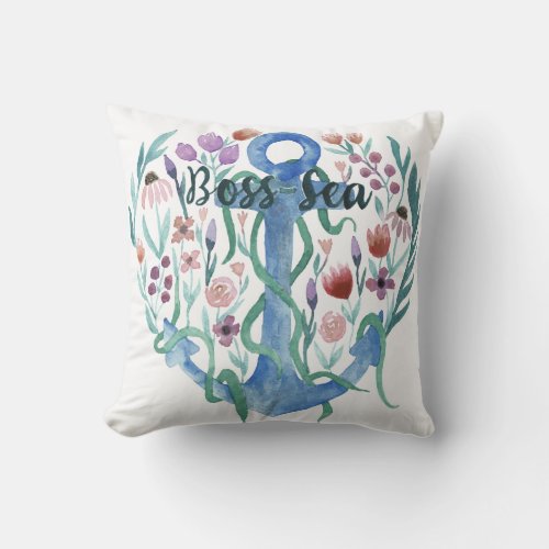 Boss Sea Quote Anchor Flowers Leaves Watercolor Outdoor Pillow