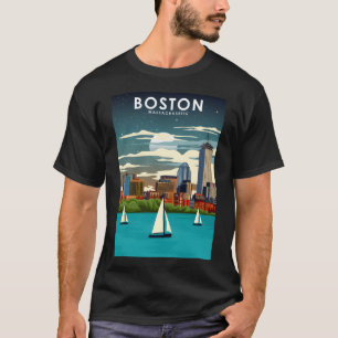 Boston at Night City Skyline Travel Poster  T-Shirt