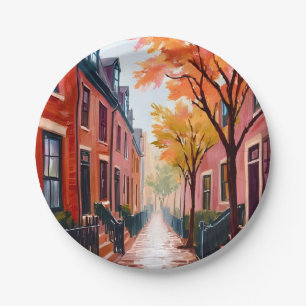 Boston Autumn Watercolor Beacon Hill Massachusetts Paper Plates