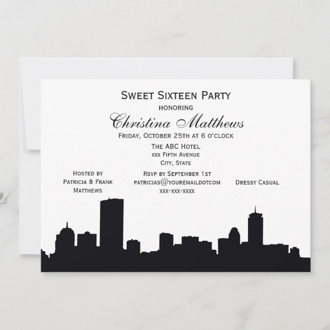 Boston Black Skyline Silhouette Sweet 16 Party Invitation (Front)