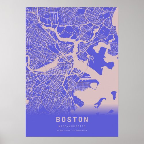 Boston Blue City Map Poster