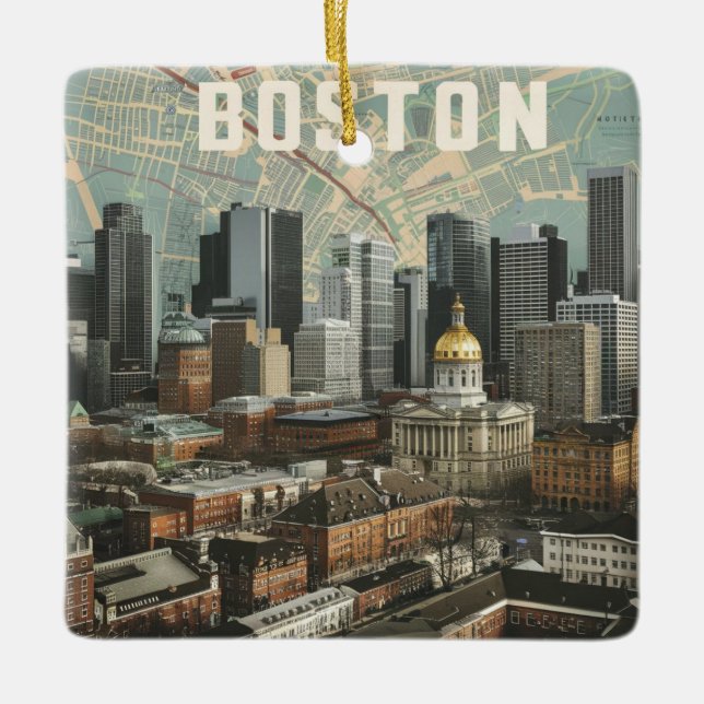 Boston, Boston Massachusetts City Skyline With Map Ceramic Ornament (Front)