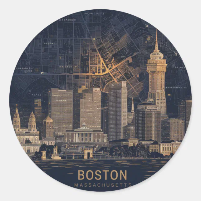 Boston, Boston Massachusetts City Skyline With Map Classic Round ...