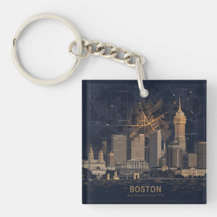 Boston, Boston Massachusetts City Skyline With Map Keychain