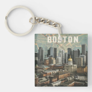 Boston, Boston Massachusetts City Skyline With Map Keychain