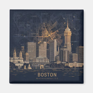 Boston, Boston Massachusetts City Skyline With Map Magnet