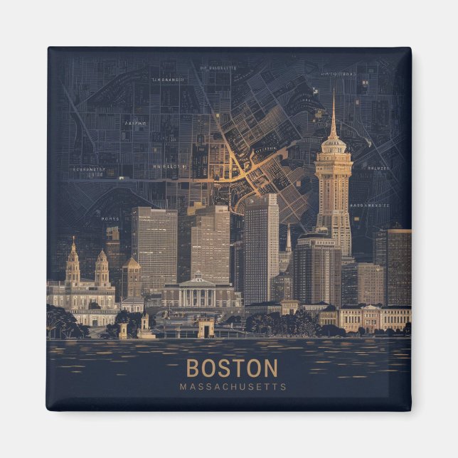 Boston, Boston Massachusetts City Skyline With Map Magnet (Front)