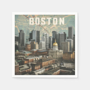 Boston, Boston Massachusetts City Skyline With Map Napkins