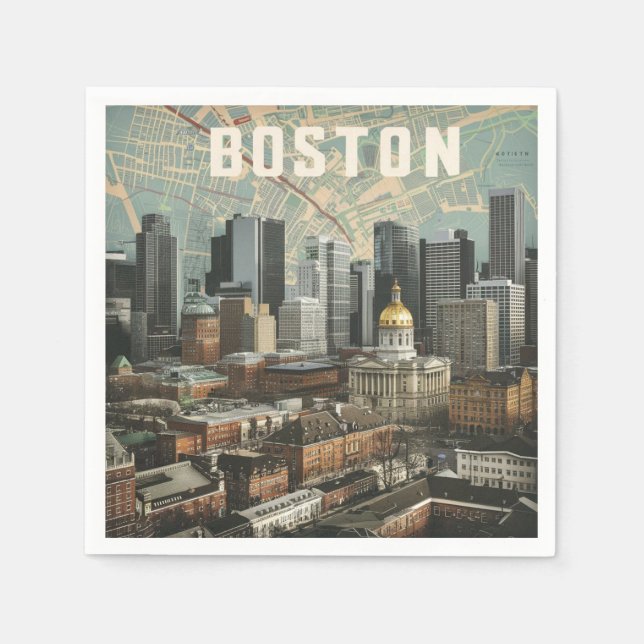 Boston, Boston Massachusetts City Skyline With Map Napkins (Front)