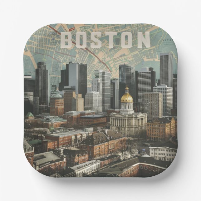Boston, Boston Massachusetts City Skyline With Map Paper Plates (Front)