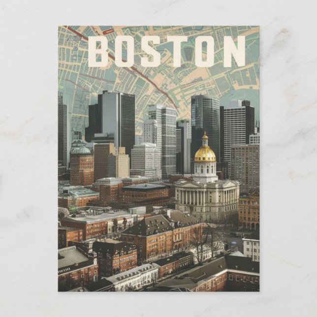 Boston, Boston Massachusetts City Skyline With Map Postcard (Front)