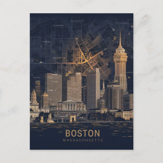 Boston, Boston Massachusetts City Skyline With Map Postcard