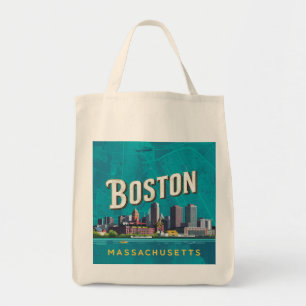 Boston, Boston Massachusetts City Skyline With Map Tote Bag