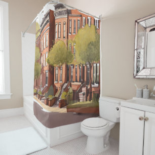 Boston Brownstones   Beacon Street Watercolor Shower Curtain