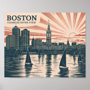 Boston Charles River Sailboats Skyline Art Vintage Poster