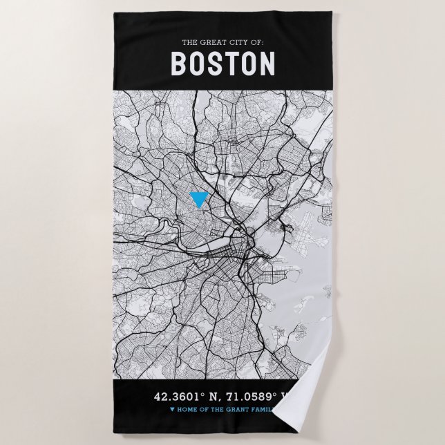 Boston City Map + Your Custom Location Beach Towel (Front)