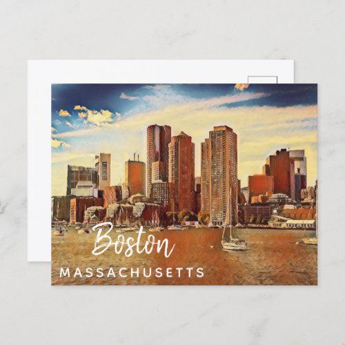 Boston City Skyline Massachusetts Vintage Painting Postcard