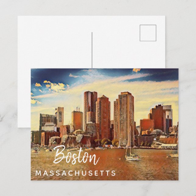 Boston City Skyline Massachusetts Vintage Painting Postcard (Front/Back)