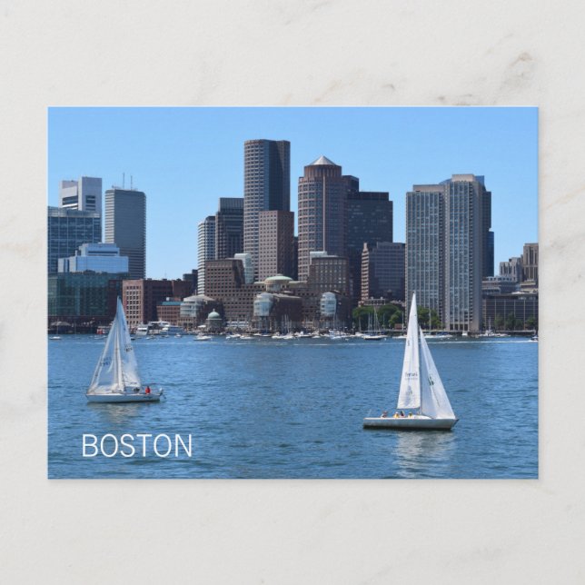 Boston City Skyline Sailing Boats Harbor Travel Postcard (Front)